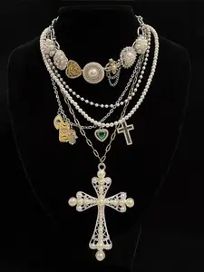 Faux Pearl & Rhinestone Decorated Cross Pendant Necklace, Fashion Jewelry for Party, Daily Clothing Decor, Trendy All-match & Exquisite Jewelry for Birthday Gift, Necklace Set