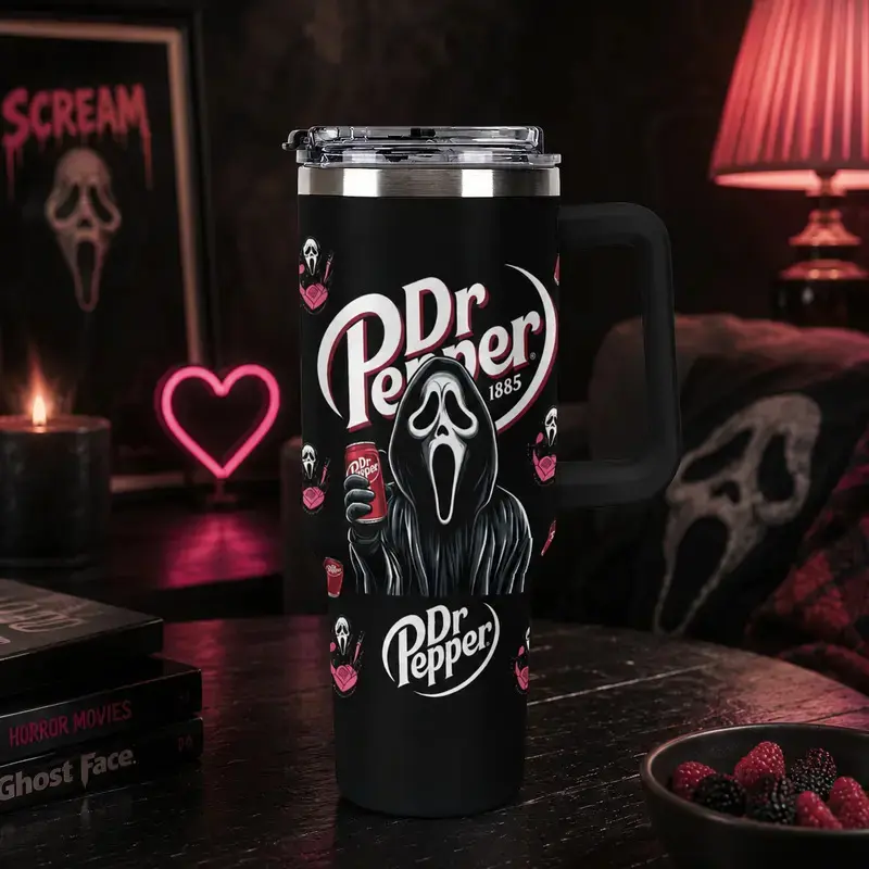 40oz Ghostface Pepper Stainless Steel Tumbler - Retro Graphic, Handle & Straw, Limited Edition 1885-2026 Collector Cup, Tumbler Shape, Insulated Travel Mug for Travel & Commute, Eco-Friendly Retro Soda Fan Gift