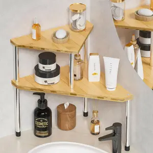 Bathroom Organizer Countertop Corner Shelf – 2 Tier Bathroom Organization Bamboo Spice Rack Kitchen Countertop Organizer Space Saving Storage Shelves Living Room Office Home Decor