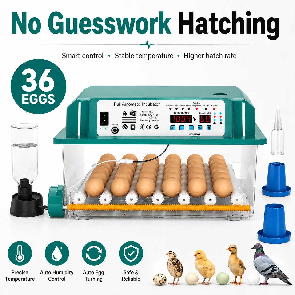 2026 Upgraded Minimalist Professional 36-Egg Automated Incubator for Birds, Ducks, Geese - ABS Plastic, Adjustable Turning, Precision Motor, Intelligent Climate Control, Thermal Sensor, Egg Tray, Power Supply, Transparent Panel Poultry Hatcher, Duck
