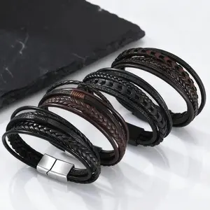 Multi Layer Braided Rope Bracelets for Men,Classic Handmade PU Leather Wristband with Magnetic Buckle,Trendy Punk Jewelry Gift