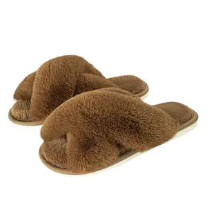 Metog Women's Fuzzy Slippers House Slippers Cross Band Slippers Indoor Outdoor Soft Open Toe Slippers 5-6 Brown slippers women women's  slippers