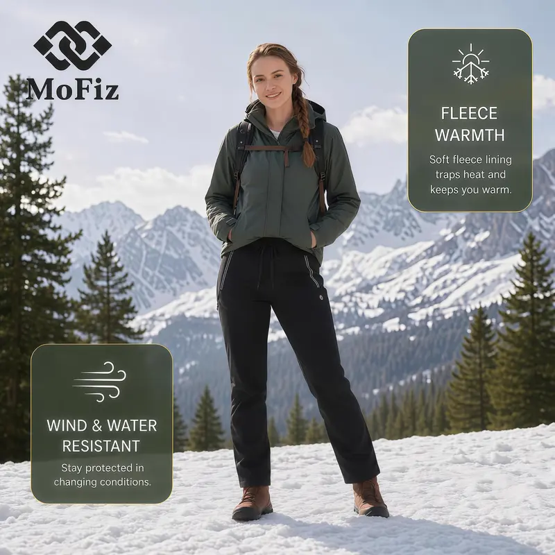 MoFiz Women's Insulated Soft Shell Sport Pants - Waterproof Straight Solid Winter Skiing Snowboarding Pants with Reflective Zipped Pockets, Elastic Waistband with Drawstring, Fleece Lining, Adjustable Fit, Machine Washable Easy Maintenance