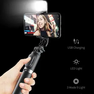 FigurineHong content creator tools  - 360° Rotating Selfie Stick with Tripod & LED Fill Light,Wireless Remote Phone Mount for Vlogging Black Compact Button tripod Camera Clip Handle Retractable Smartphone Cellphone P20L-Led-Light-Selfie-Stick-Black