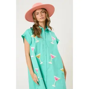 PeachLove California Mint Sequin Martini Shirt Dress - Oversized Fit Collared Top with Sequin Martini Embroidery Button Up Front