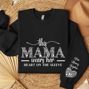 Custom Mama Sweatshirt with Kids Names on Sleeve, Mothers Day Gift for Mom, Personalized Mama Shirt, This Mama Wears Her Heart Sweatshirt H
