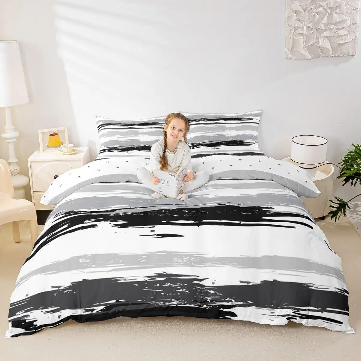 Abstract Black White Duvet Cover Modern Grey Striped Bedding Set Adults Men Women Geometric Aesthetic Oil Painting Comforter Cover Minimalist Simple Watercolor Bedclothes