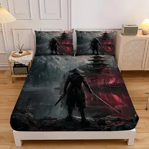 3-Piece Anime Samurai and Dragon Bedding Set - Soft Luxury Bedding with Vivid Character Art, Easy Care, Wrinkle and Fade Resistant, Includes 1 Bed Sheet and 2 Pillowcases, Perfect for Bedroom or Guest Room Decoration, Four Seasons Comfort, Anime Room Deco