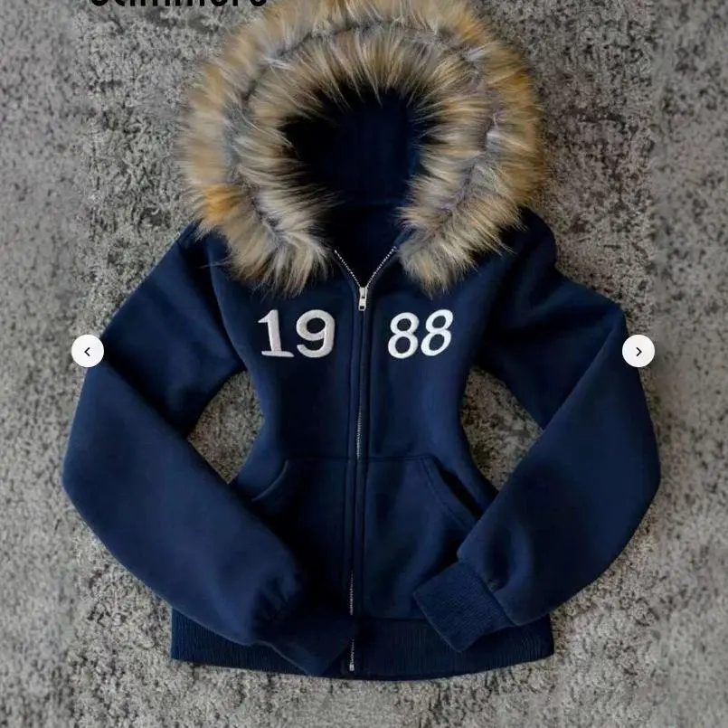 Y2K Large Wool Collar Hoodie 1988 Digital Print Slim Fit Zipper Jacket