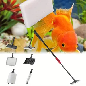 6 in 1 Extendable Handle Aquarium Cleaning Tool Kit, for Acrylic & Glass Tank, Includes flat brush, square brush, algae removal knife, tube brush, fish net, sand rake, and fiberglass rod
