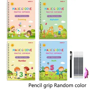 Magic Practice Scribe Book Set, 4 Counts/set Reusable Number & Letter & Math & Drawing Practice Scribe Book with 1 Count Pen, 10 Counts Refills & 1 Count Pencil Grip, Tracing Preschool Books
