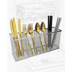 Dishwasher Silverware Basket 304 Stainless Steel 4-Compartment Utensil Basket for Spoons Forks Chopsticks Straws Cleaning (Silver)
