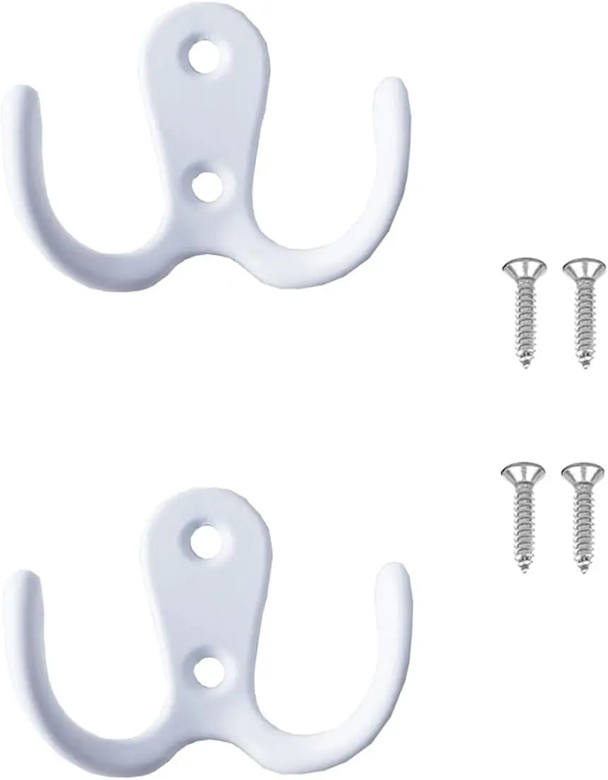 2 Pcs Double Prong Robe Hooks, Dual Coat Hooks Wall Mounted Hanging Clothes for Bathroom Bedroom Door Wall Retro Metal Cloth Hanger Double Coat Hooks with 4 Screws (White)