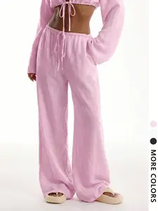 Women's Linen Fabric Fitted Pants with Front Tie Belt, Elegant Beachwear for Spring & Summer, Casual Fashion for Travel & Camping