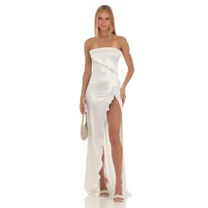 Lucy In The Sky Strapless Satin Maxi Dress in White