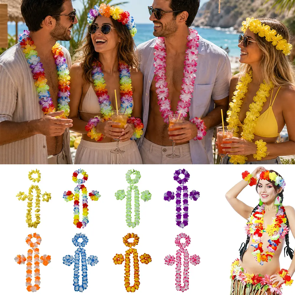 64Pcs Bulk Multi-Use Plastic Hawaiian Tropical Floral Lei Sets - Silk Flower Garlands, Necklaces, Headbands, Wristbands for Luau, Beach Birthday Decoration, Teen Gifts (15+) - Home Improvement Supplies