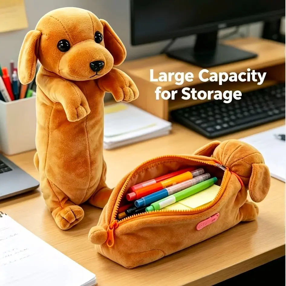 Large Capacity Cartoon Cute Weiner Dog Plush Pen Holder, Student Pencil Case, Office Supplies, Study Supplies, Holds Pens, Rulers, Erasers, Notes, School Travel Use