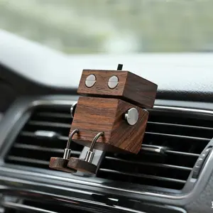 Car Air Diffuser - 2-in-1 Shaking Wooden Man Figurine & Refillable Aroma Vent Clip with 5ml Capacity + 5 Sticks, Walnut Wood Essential Oil Air Freshener, Car Dashboard Decor for Driver
