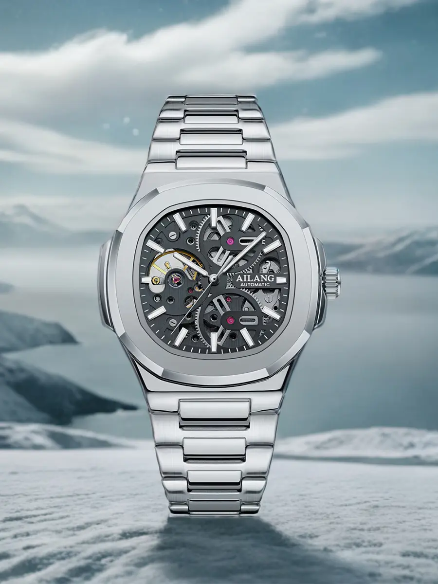 Men's Automatic Wristwatch with Skeleton Face, Stainless Steel Strap and Mineral Glass, 43mm Luminous Analog Display, 30-50M Waterproof, Polygon, 30M - 50M