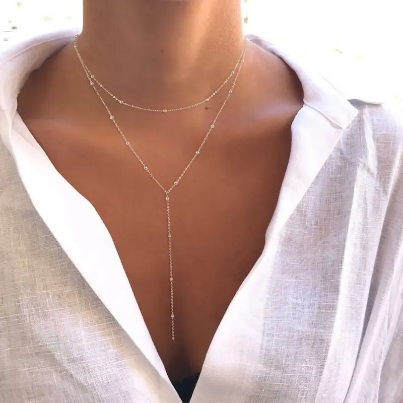 Tewiky 14K Gold Plated Neclace For Women Lariat Gold Necklace for Women, Dainty Long Y-Shaped Pendant Trendy Layered Cz Beaded Chain Drop Necklaces Simple Gold Jewelry For Women Gift,Valentine's Day Gift