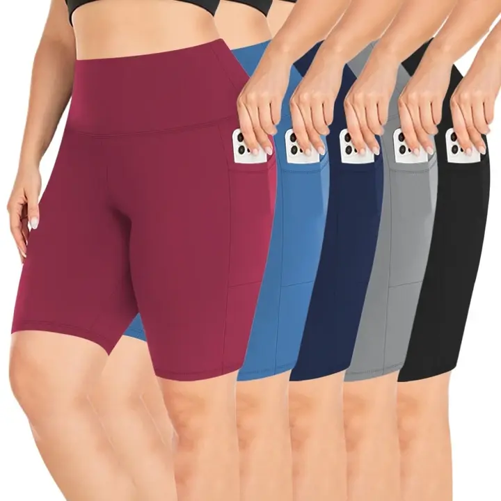 Womens Biker Yoga Shorts with Pocket High Waisted Tummy Control 8 Inch Workout Spandex Athletic Gym Shorts