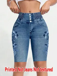 Women's Printed Skinny Pants Non-Denim Fabric, Ladies Short Five-Pocket Bottoms, Faux Denim Print Base Pants for All Seasons