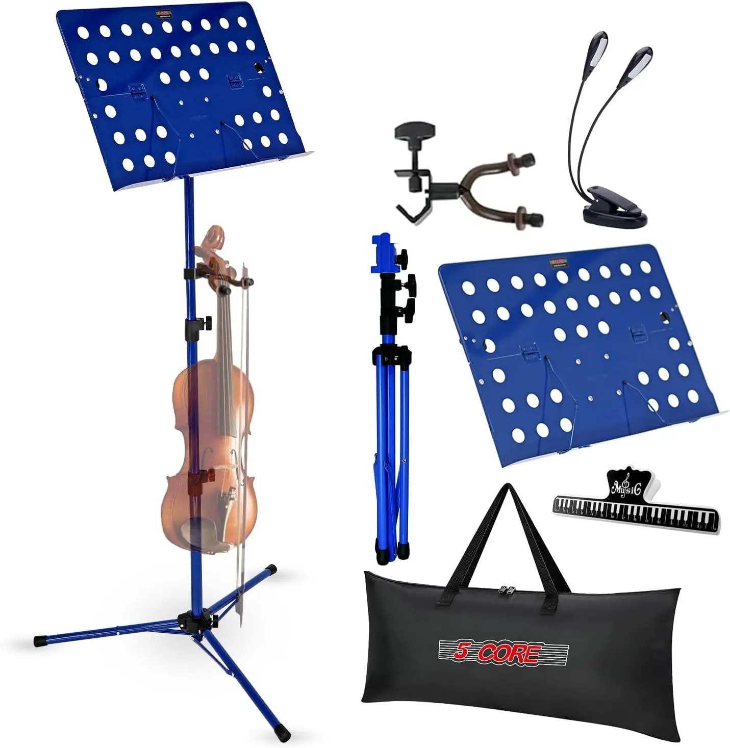 5 CORE Heavy Duty Portable Sheet Music Stand - 57" Adjustable Folding Tripod, Dual-Use Desktop Book Holder, 13.25 lb Capacity, LED Lights, Guitar Holder Clip, Carry Bag, 1 Month Warranty for Musicians (Blue), 23 To 57 Inches