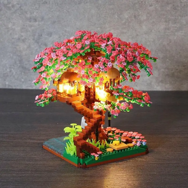 Cherry Blossom Tree House Building Blocks, 2138pcs/set Creative Micro-particle Assembled Model Toy, Birthday Gift Options