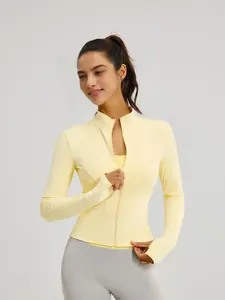 Women's Plain Zipper Thumb Hole Sculpted Sports Jacket, Quick-Dry Breathable Long Sleeve Sport Top, Indoor Outdoor Yoga Jacket, Sports Outerwear