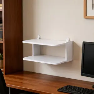 2-Tier Wall-Mounted WiFi Router Organizer with Ventilated Router Shelf, Set-Top Box and Optical Modem Storage Compartment, Featuring Open Shelves, No Assembly Required