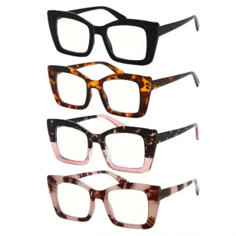 Adults' 2026 New Model Unisex Plastic Reading Eyeglasses 4-Piece Set, Affordable Colored Full Rim Cat-Eye Eyeglass Frames, Sturdy Spring Hinges, Eye Fashion Accessory, No Batteries Required