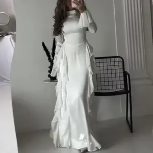 Women’s Elegant High-Neck Long Bell-Sleeve Ruffled Maxi Dress, Solid Formal Evening Gown