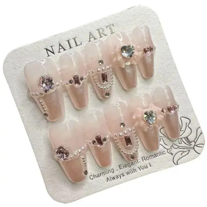 Handmade Press-On Nails with Luxury Gem & Pearl Accents, Elegant Removable Acrylics for Nail Art Design - Multicolor, M Size