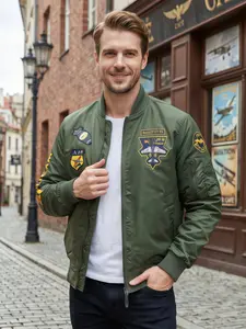 American Simple College Style Flight Jacket, Cycling Jacket with Airplane Print Design, Perfect for Daily Casual & Dating Scenes