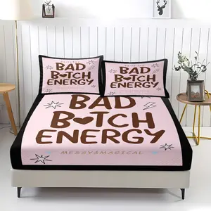Bed sheet with 'BAD BITCH ENERGY' printed pattern, Bedsheet set, including 1 bed sheet and 2 pillowcases, anti slip dust cover suitable for bedrooms and guest rooms, suitable for children and adults as gifts