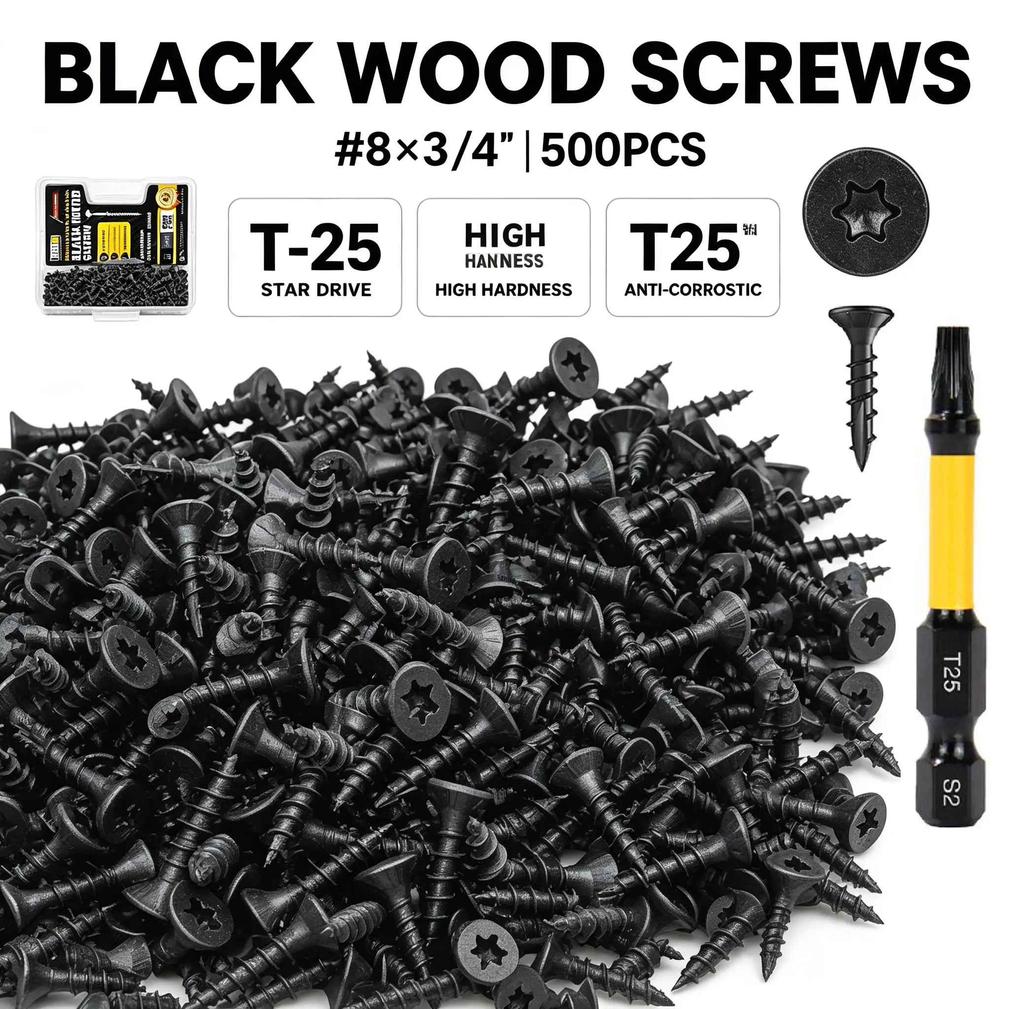 VKKM 500Pcs #8 x 3/4 Inch Torx Wood Screws, Black Rust Resistant Flat Star Head Self Tapping Anti-Split Wood Screws with T25 Bit for Indoor Furniture Woodworking Construction