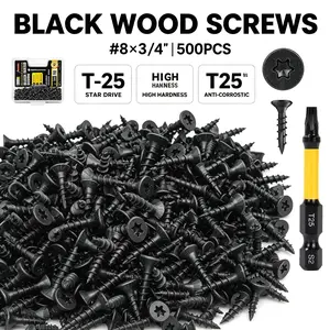 VKKM 500Pcs #8 x 3/4 Inch Torx Wood Screws, Black Rust Resistant Flat Star Head Self Tapping Anti-Split Wood Screws with T25 Bit for Indoor Furniture Woodworking Construction