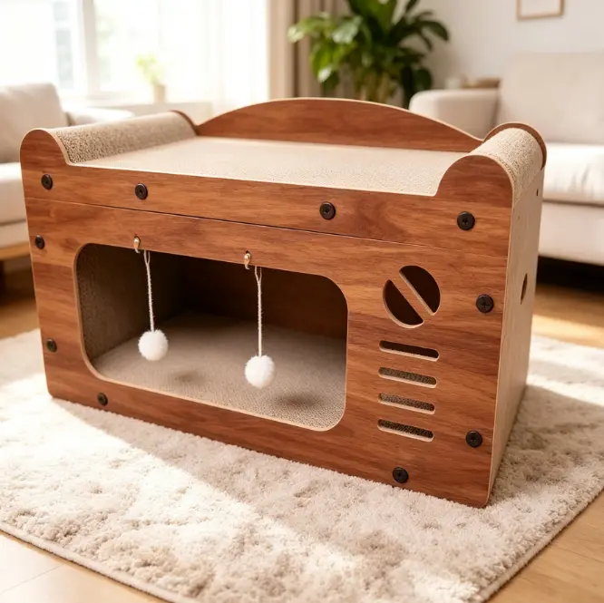 Walnut Finish Retro TV Cat Scratcher, Save Your Sofa and Carpets from Claws with High Density Scratching Pad, Enclosed Private Bed for Anxious Cats, Vintage 90s Aesthetic Pet Toy, Sturdy 56cm House for Multi-Cat Household Fun,Aesthetic Pet Toy 2026