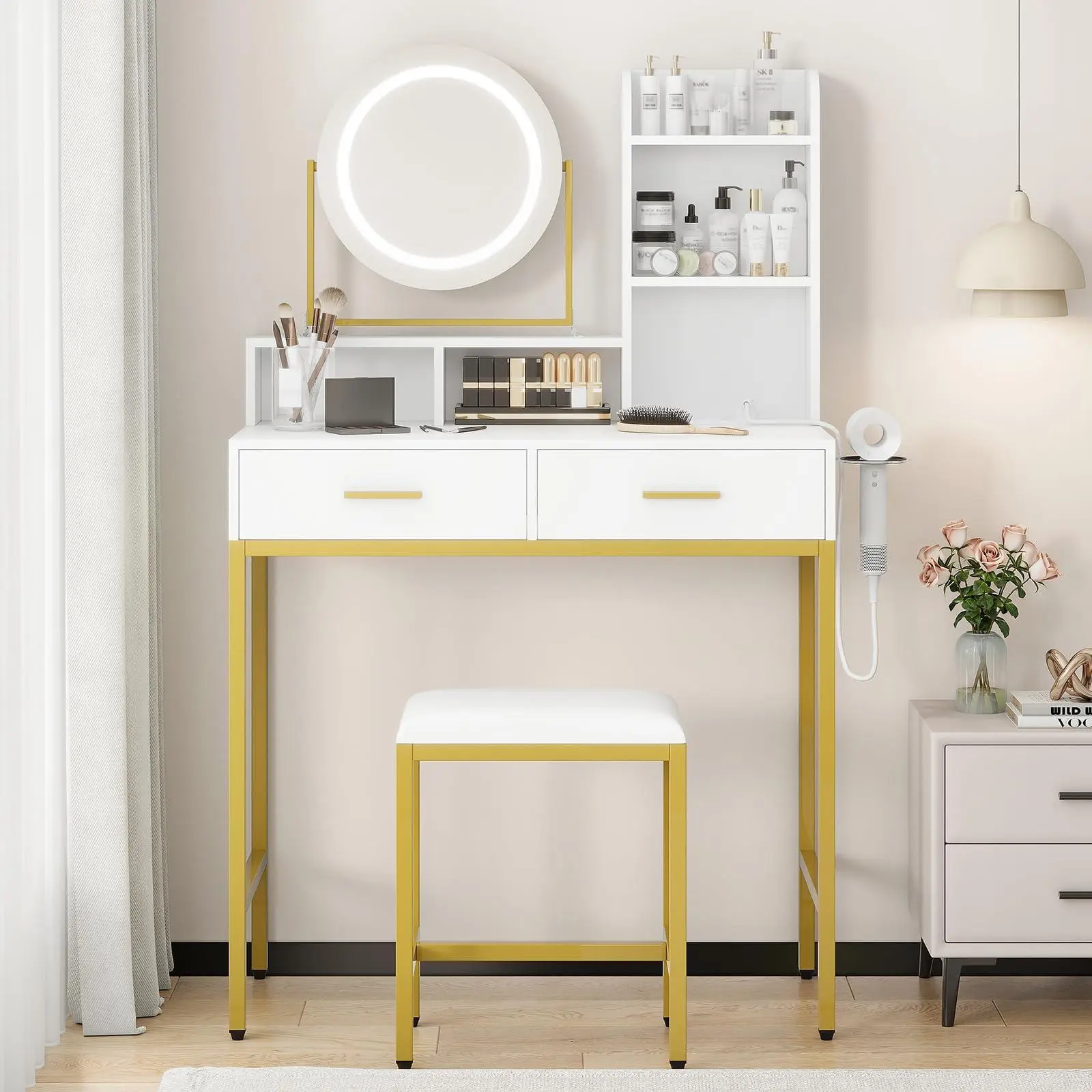 Vanity Desk with Lighted Mirror, Vanity Desk with Adjustable Rotating Mirror,Adjustable Rotating Makeup Desk with Outlet/USB | 3 Color Lights, 2 Drawers, Shelves & Stool