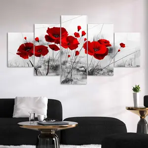 Poppy Flower Pattern Canvas Painting, 5 Counts/set Modern Wall Art Painting, Wall Art Decor for Home Living Room Bedroom Office, Ornaments, Modern Home Decoration