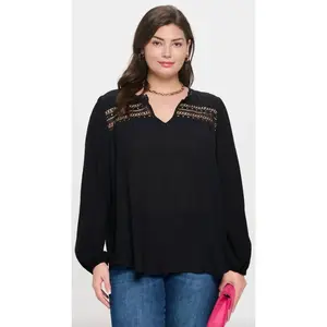 PLUS SPLIT NECK EYELET TRIM LONG SLEEVE KNIT TOP Casual Breathable