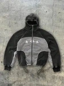 Men's Street Style Graphic Hoodie, Aesthetic Sweatshirts Streetwear, Vintage Cotton Fabric, Loose Fit, Patchwork Design, Pocket Detail, Casual Fashion for Spring & Fall