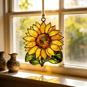 Sunflower Acrylic Suncatcher Round Floral Window Hanging Oil Painting Style Textured Flower Art Soft Light Play Home Decor Gift For Mom Garden Kitchen Summer Sunshine Artistic Ornament Warm Vibrant Vibes