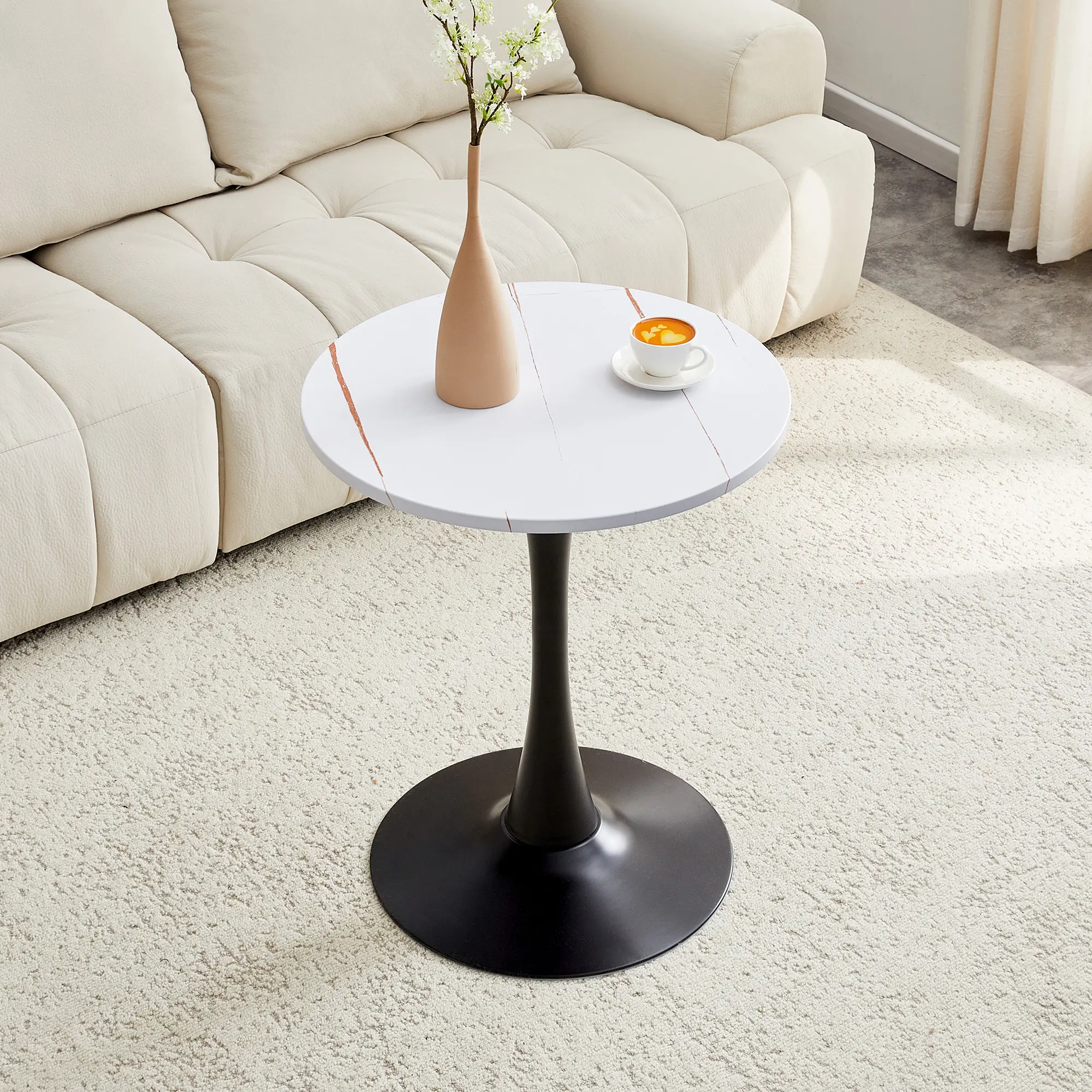 Round Dining Table 23.6" Tulip Table with MDF Top and Metal Pedestal Base, Mid-Century Modern Bistro Table for Kitchen, Small Apartment, Living Room, Cafe, Black White Finish