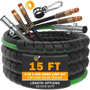 15 FT Semi  Air Lines Kit 3IN1 Trailer Cord and Air  Hoses Assembly without Rubber Gladhand Handles for Semi  Trailer Tractor