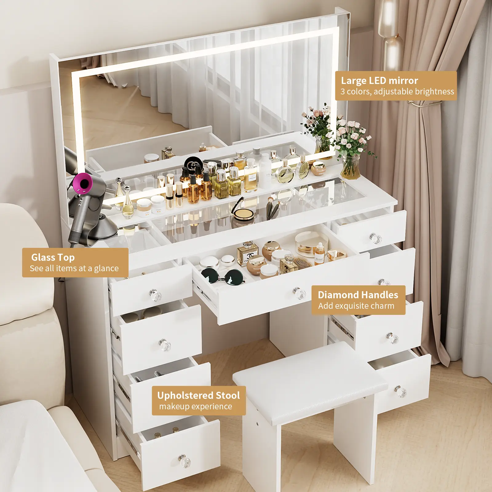 White with Glass top