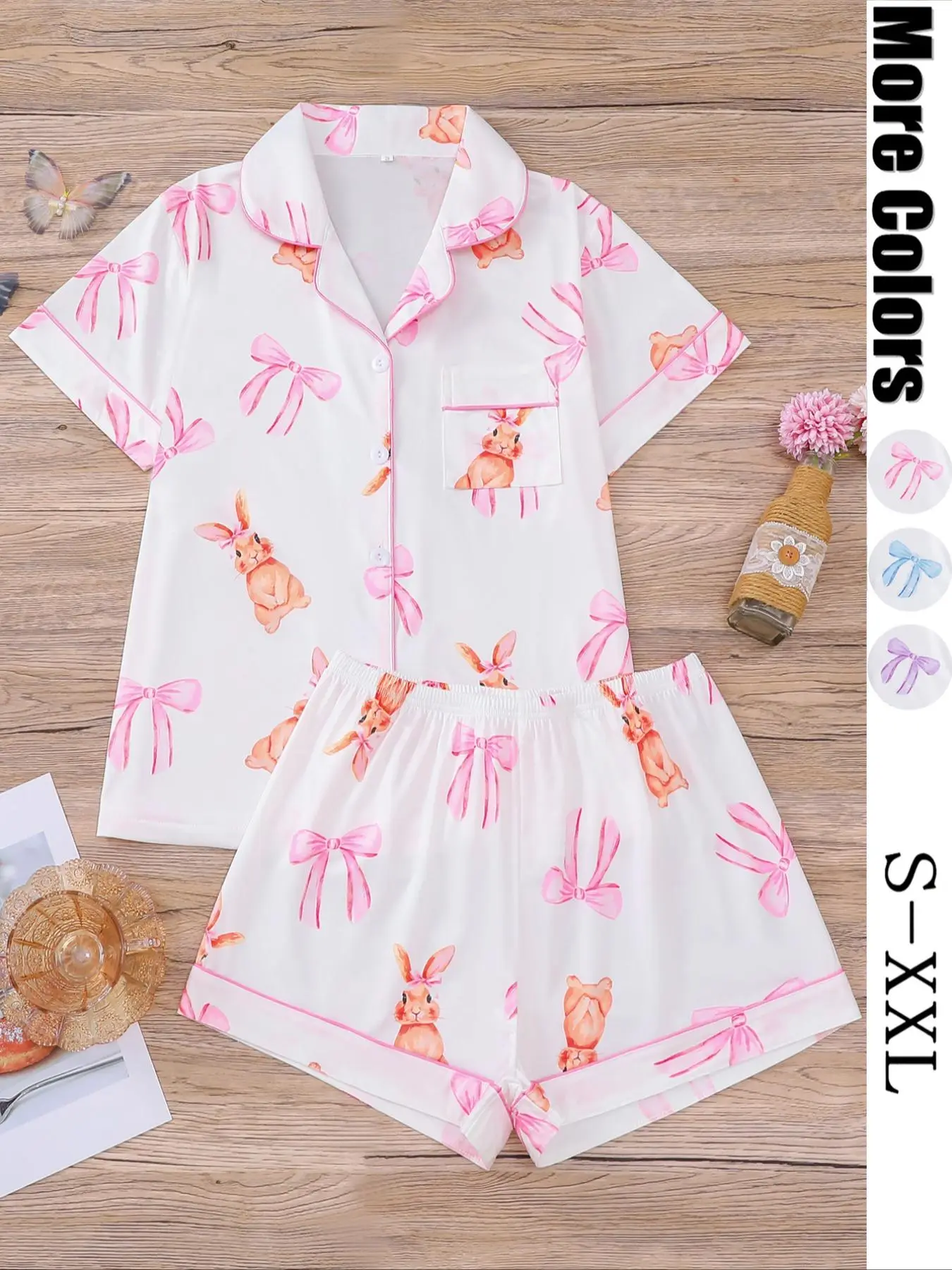 Easter Egg and Rabbit Print Women's All Over Print Short Sleeve Pajama Two-piece Set, Casual Comfy Button Up Shirt & Elastic Waist Shorts Set, Ladies