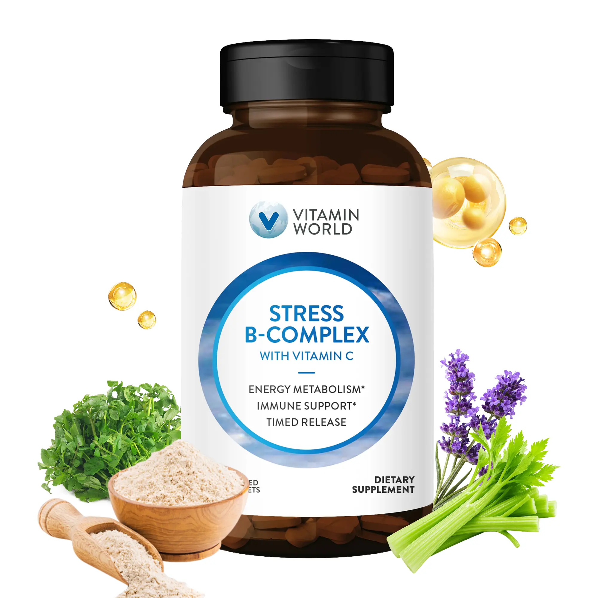 Vitamin World Stress B-Complex 500 mg. Vitamin C Timed Release 120 Caplets - Vegetarian, Coated, Timed-Release for Healthcare