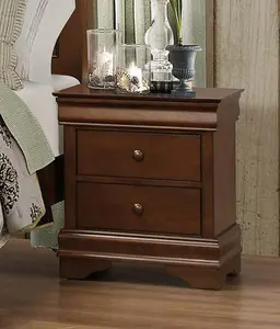 212 MAIN Modern Nightstand (Abbeville Collection) - Louis Philippe Distressed Wood Bedside Table with Hidden Drawers, Metal Glide, Brown Cherry Finish (21.25x15.75x24 in)