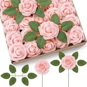 Artificial Flowers, 25 Pcs Blush Foam Real Looking Roses with Stems, Fake Roses for DIY Wedding Bouquets, Centerpieces Arrangements, Valentine Decorations